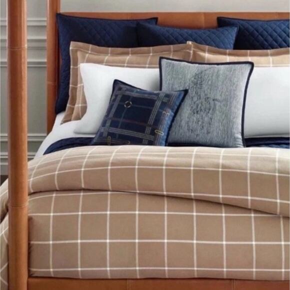New Ralph Lauren Windowpane Duvet Cover Full Queen Camel Brown Equestrian $500 - Picture 1 of 12